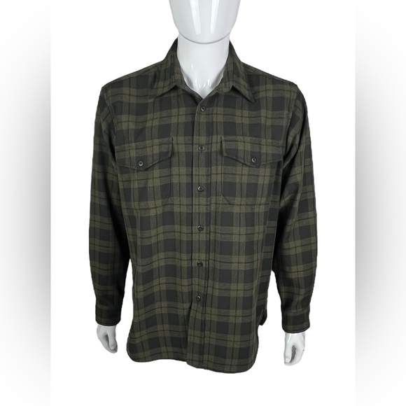 LL Bean Mens Large Shirt Plaid Green Black Made In USA Polyester Vintage EUC - Picture 2 of 8